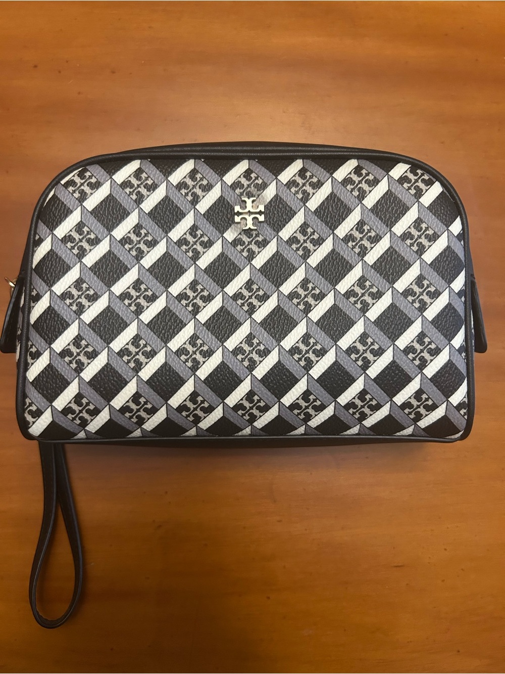 Tory Burch Black and White Geometric Monogram Wristlet Clutch
